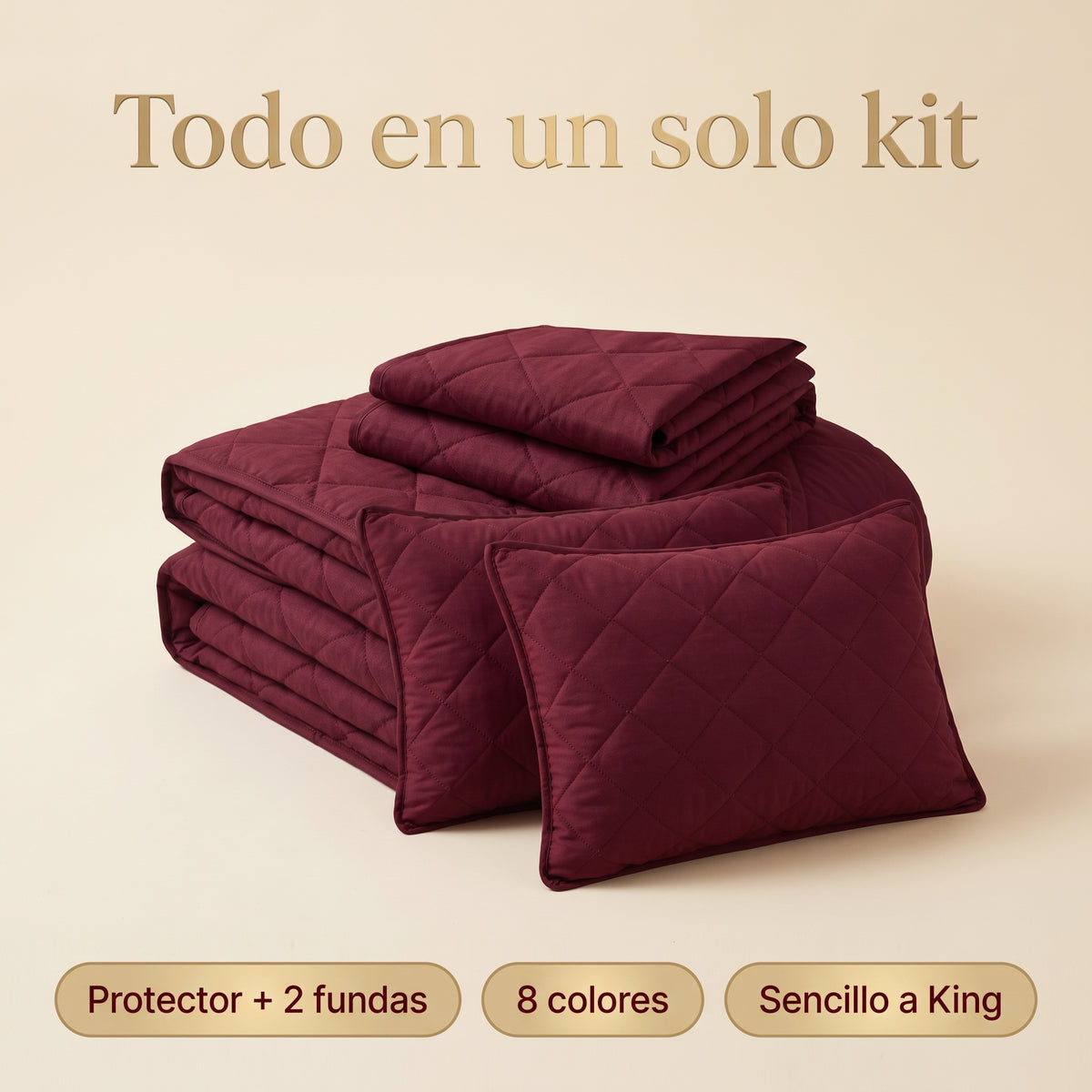 Kit protector de colchón vino tinto con 2 fundas de almohada: disponible en 8 colores, de sencillo a king