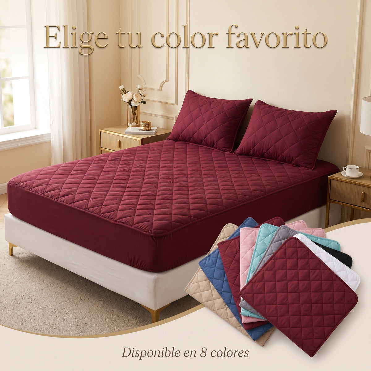 Protector de colchón acolchado en 8 colores: beige, azul, vino, rosa, agua, gris, negro y blanco