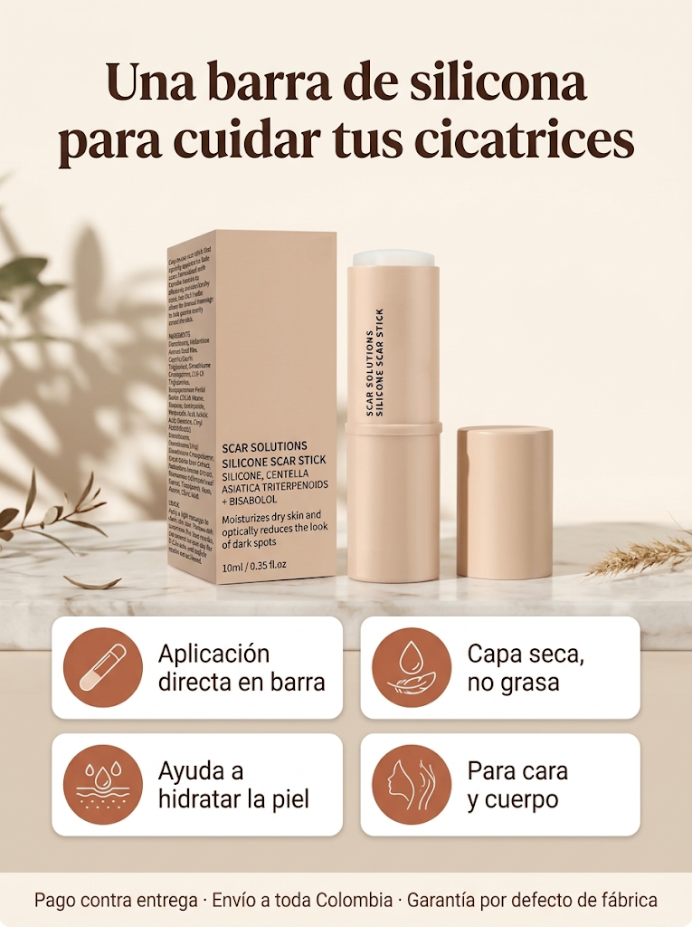 Barra de silicona para cicatrices Scar Solutions con su caja y beneficios principales