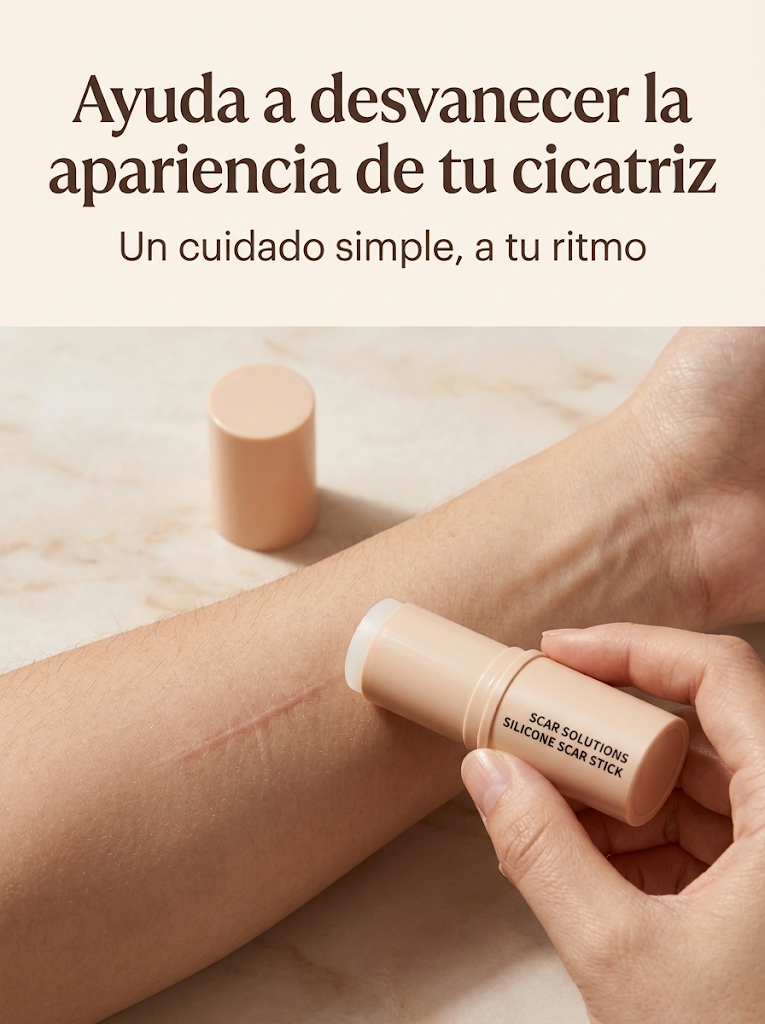 Barra de silicona deslizándose sobre una cicatriz leve en el antebrazo