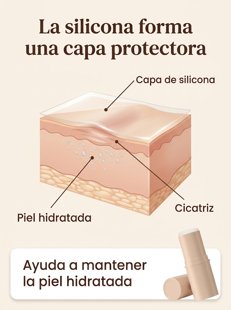 Esquema de la piel con una capa protectora de silicona sobre la cicatriz
