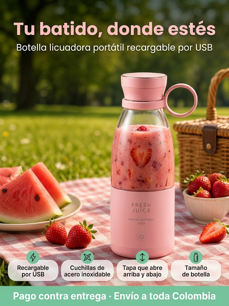 Tu batido, donde estés: botella licuadora portátil rosa recargable por USB en un picnic