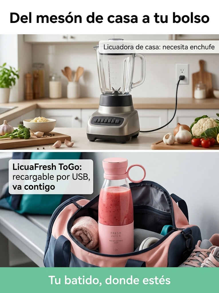 Licuadora de casa enchufada frente a la botella licuadora LicuaFresh ToGo en una mochila