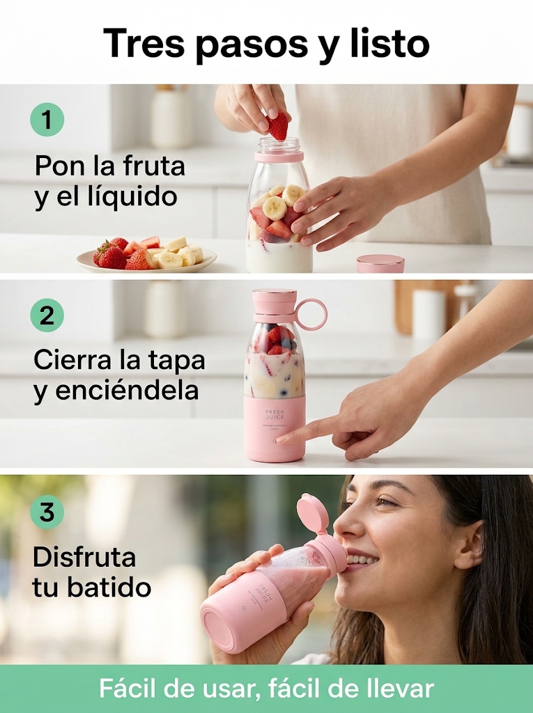 Tres pasos para usar LicuaFresh ToGo: pon la fruta, cierra la tapa y enciéndela, disfruta