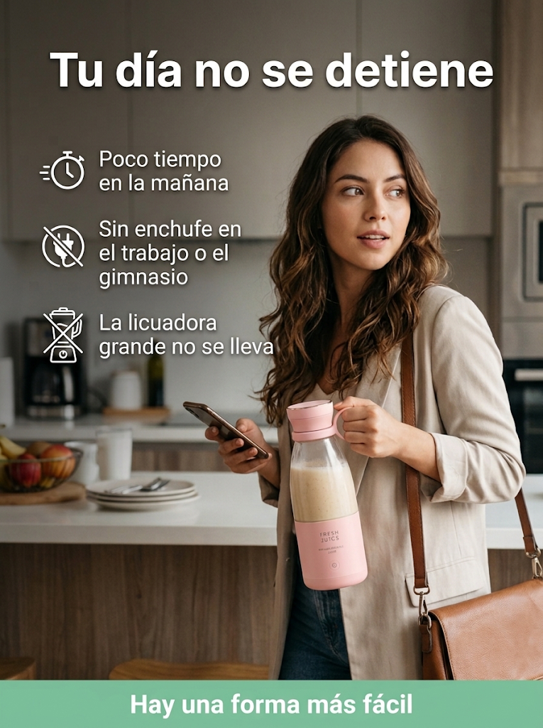 Mujer con prisa en la mañana con la botella licuadora en la mano: tu día no se detiene