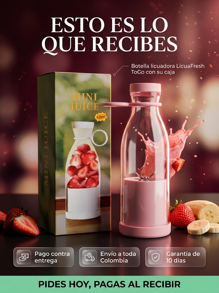 Caja Mini Juice y botella licuadora rosa LicuaFresh ToGo con fresas y plátano: esto es lo que recibes