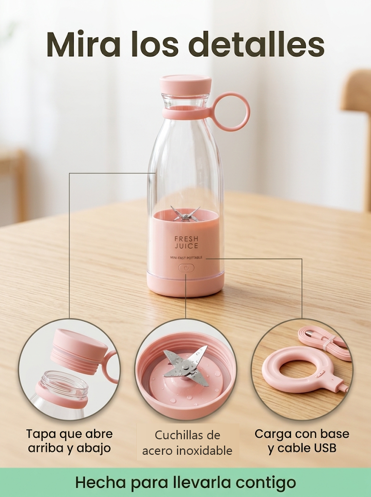 Detalles de LicuaFresh ToGo: tapa que abre arriba y abajo, cuchillas de acero inoxidable y base de carga con cable USB