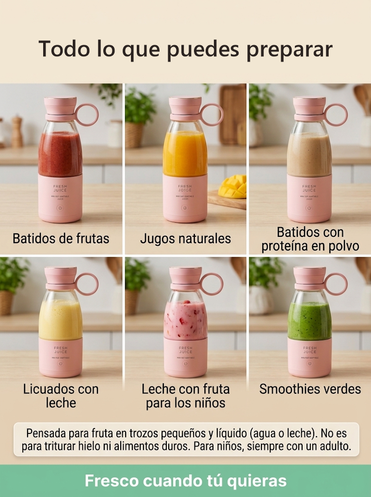 Todo lo que puedes preparar con LicuaFresh ToGo: batidos de frutas, jugos, proteína en polvo, licuados con leche y smoothies verdes