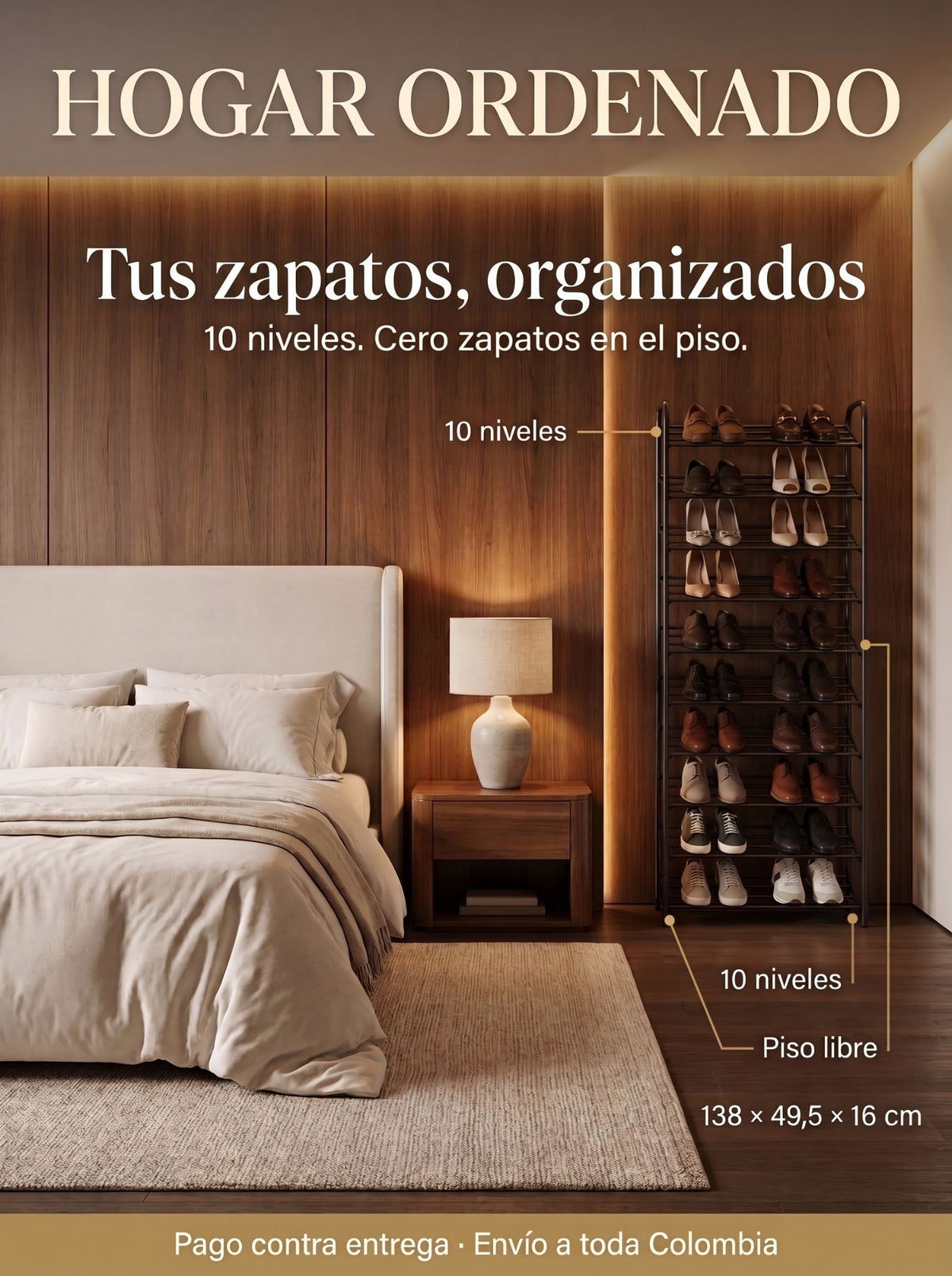 Zapatero organizador de 10 niveles en un dormitorio de nogal con zapatos ordenados
