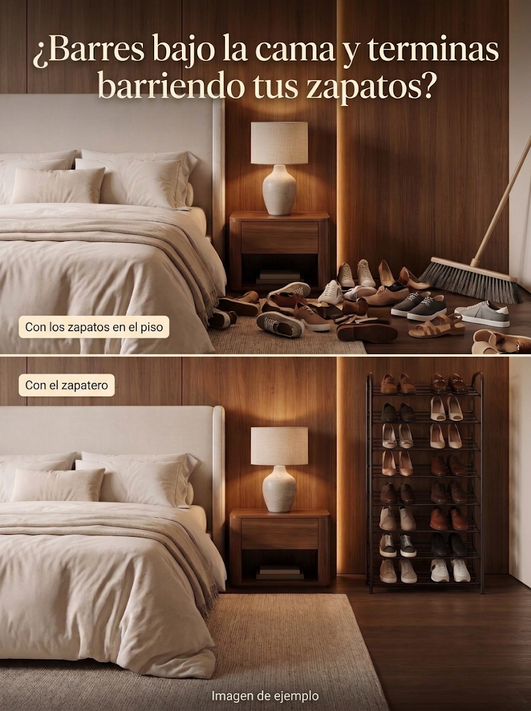 Comparación de un dormitorio con zapatos regados y el mismo rincón con el zapatero organizador (imagen de ejemplo)
