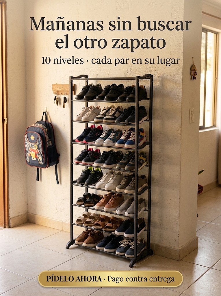 Zapatero organizador de 10 niveles en la entrada de una casa por la mañana, con zapatos de colegio y tenis ordenados y una mochila colgada