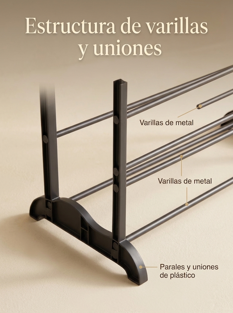 Detalle del pie de plástico, las varillas y las uniones del zapatero organizador