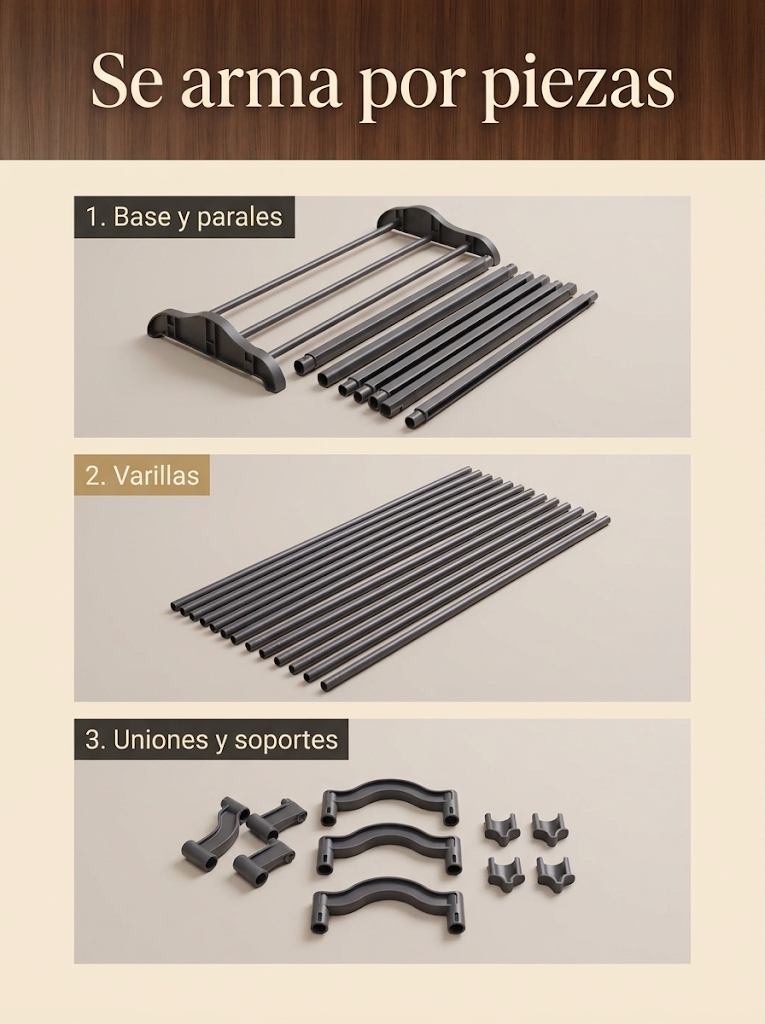 Piezas del zapatero organizador: base y parales, varillas, uniones y soportes