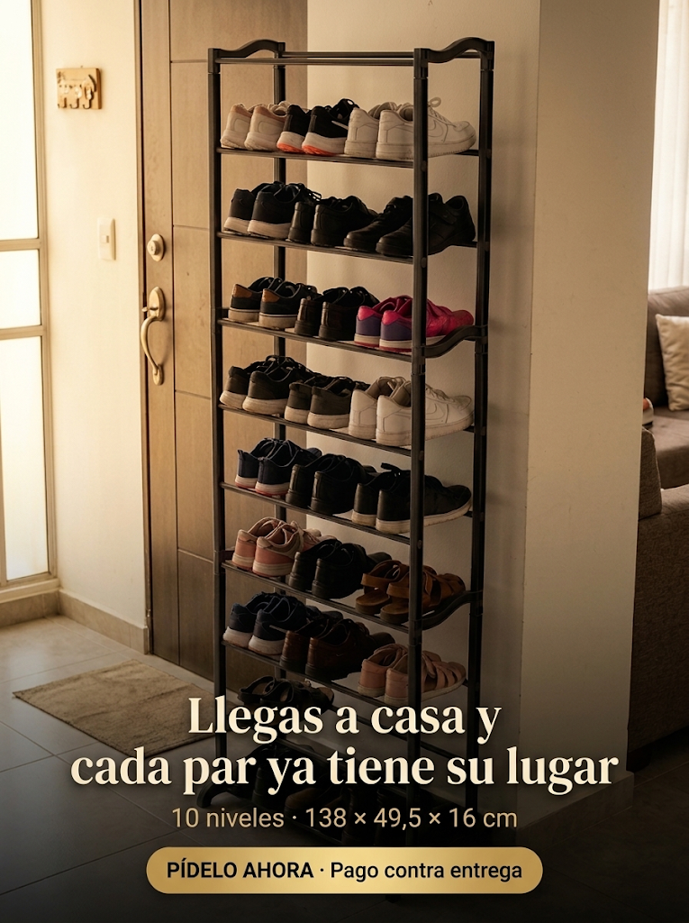 Zapatero organizador de 10 niveles junto a la puerta de entrada con zapatos ordenados