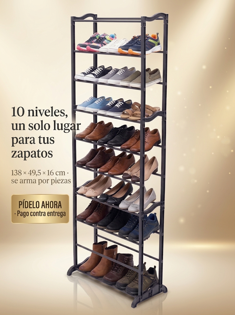 Zapatero organizador de 10 niveles completo con zapatos variados; 138 por 49,5 por 16 centímetros